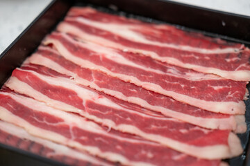 Close up of sliced raw meat. prepared for cooking