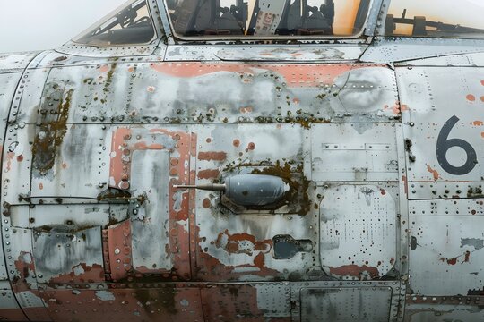 Analyzing the Weathered Exterior of a Vintage Aircraft: A Detailed Examination of Rust, Paint, and Metal, Revealing the History of Flight Through its Worn Surface, Showing Rivets and Number Six - Powered by Adobe