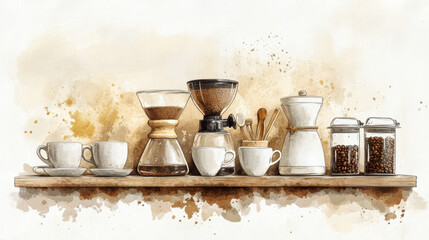 Artistic set of coffee beans and coffee cup drinks isolated on brown background,hand-drawn ,hot coffee drinks,cafe shop,modern flat design,Fashionable and cute coffee motif concept.