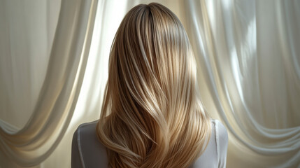 Beautiful model girl with Blonde hair strand,silky healthy chestnut wavy hair strand,hair wavy ribbon, with smooth,Keratin straightening,Treatment,straight long hair,procedures,Smooth hairstyle.