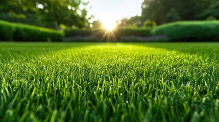 Freshly Mowed Lawn Dew kissed, freshly cut grass glistening in the early morning sunlight, rich green color, ideal for a refreshing summer image