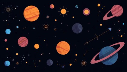 Simple flat vector illustrations of celestial bodies, galaxies, and constellations on a dark background ,  starry night,  rocket