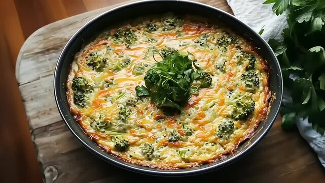Delicious broccoli cheese frittata freshly baked on a wooden table with herbs and kitchen towel