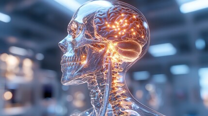 A skeleton with a brain inside of it