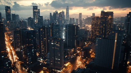 Fototapeta premium A city at night with many tall buildings and a lot of lights