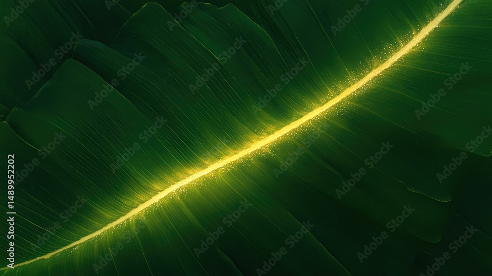 Poster macro shot of dew droplets forming a path across a long green leaf with a soft shimmering glow