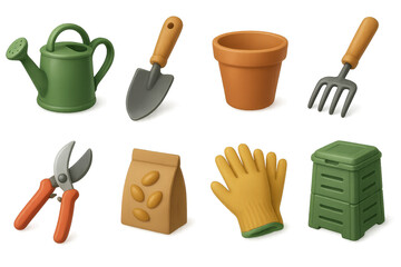 Gardening tools icons set – 3d garden equipment, planting and horticulture symbols