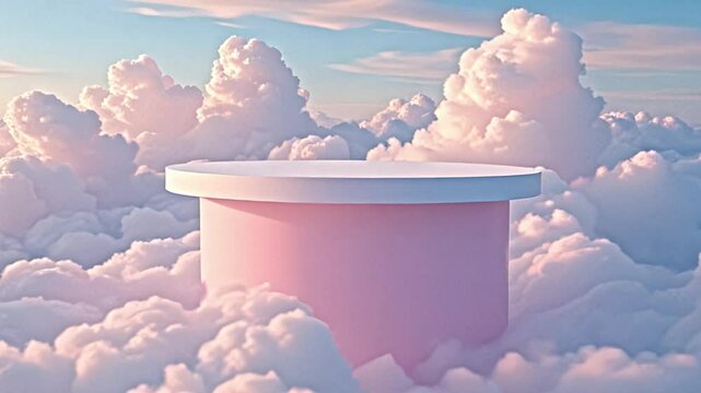idyllic surreal imagery, plush clouds transform skies into a dreamscape, pristine white platform elevating gracefully, swathed in pastel pinks and blues, tranquil vibes enveloping the scene