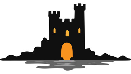 Obraz premium Castle with twin towers on island silhouette over water 