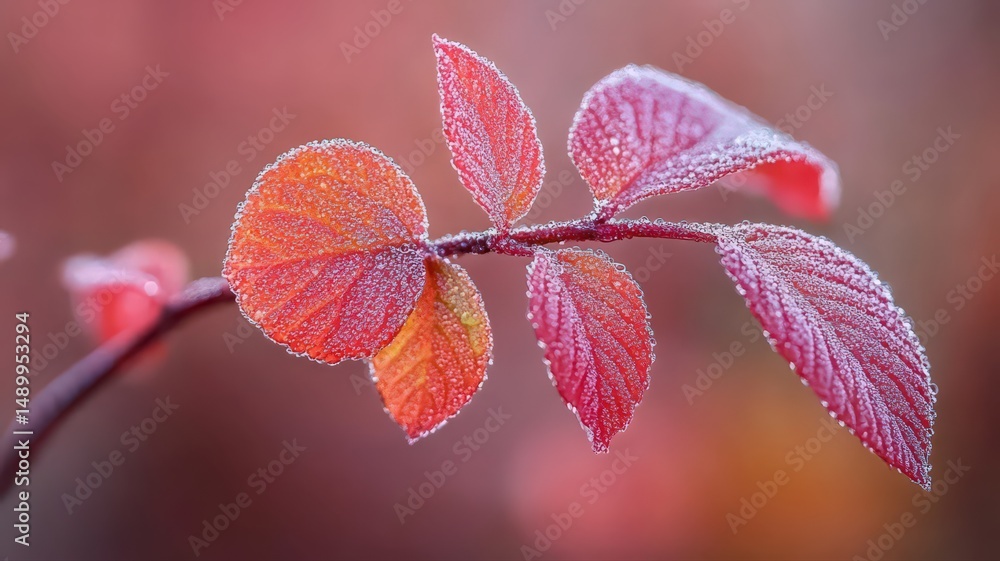 Poster macro shot of red leaves with dew drops in soft morning light creating a serene natural atmosphere