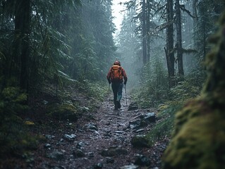 Fototapeta premium Hiker trekking through dense forest in rainy conditions outdoor adventure nature exploration wilderness experience