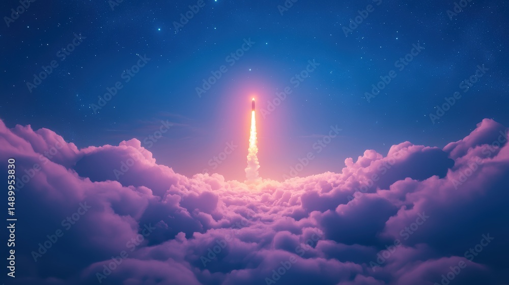 Poster innovation rocket multiple rockets launching simultaneously, symbolizing ambition and progress