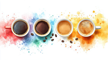 Artistic set of coffee beans and coffee cup drinks isolated on brown background,hand-drawn ,hot coffee drinks,cafe shop,modern flat design,Fashionable and cute coffee motif concept.