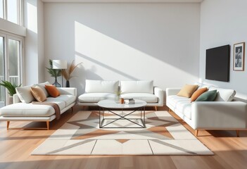 Fototapeta premium Sleek white sofa, minimalist coffee table, geometric rug in bright modern living room, monochrome, contemporary