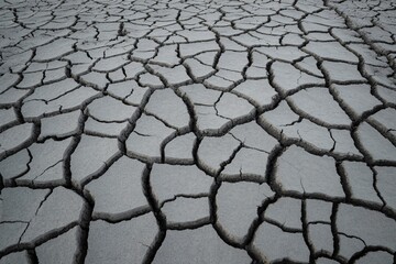 Aerial view of cracked dry earth showing patterns from drought or desiccation, conveying a stark landscape.