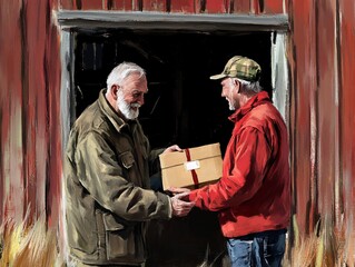 Postal worker delivering package to elderly man in rural setting emotional connection human interaction