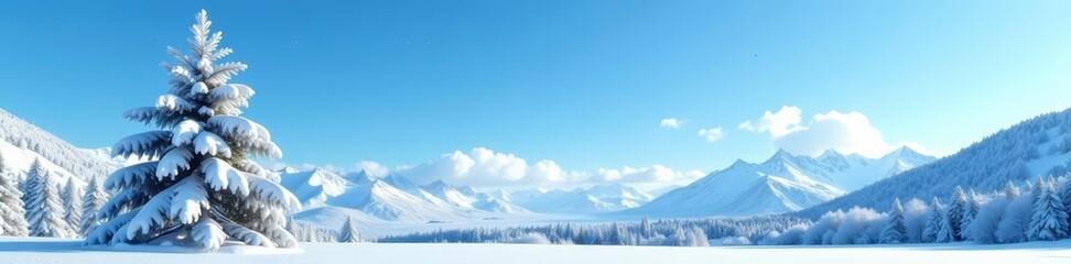 Fototapeta premium Snow-covered isolated conifer tree against blue winter sky, perfect for skyline backgrounds, background, blue sky, skyline