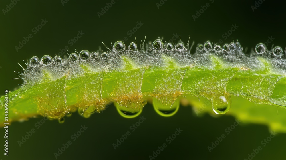 Poster macro view of green leaf with fuzzy edges and translucent dew drops in natural setting