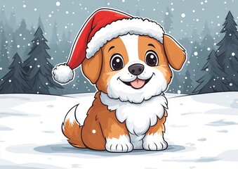 Adorable Puppy in Santa Hat Snowy Winter Landscape Pixel Art