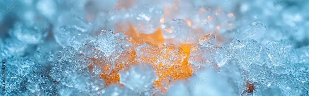 Poster macro view of scratched glass surface featuring chaotic patterns and textures with blue and orange l