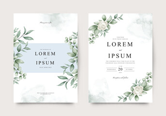 Beautiful watercolor leaves and floral wedding invitation template
