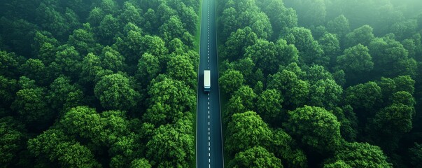Aerial View of a White Truck Driving on a Road Through a Lush Green Forest