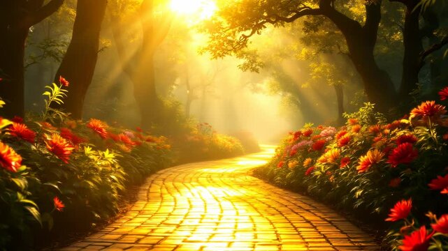 Magical Yellow Brick Road Winding Through a Sunlit Forest Path with Vibrant Flowers