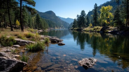 Naklejka premium Scenic view of lake in pine forest beside nature park concept. A serene river reflecting mountains and trees under clear blue skies.