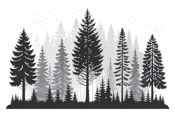 Fototapeta premium Silhouette of various pine trees in a monochromatic forest setting.