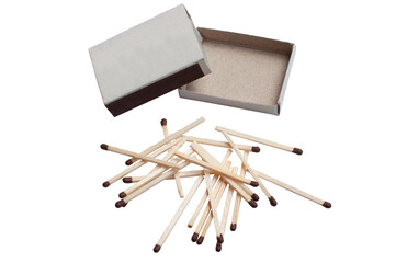 Open matchbox with scattered wooden matches on white background. Isolated object, top view.