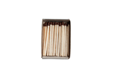Open matchbox with wooden matches on white background. Isolated object, top view.