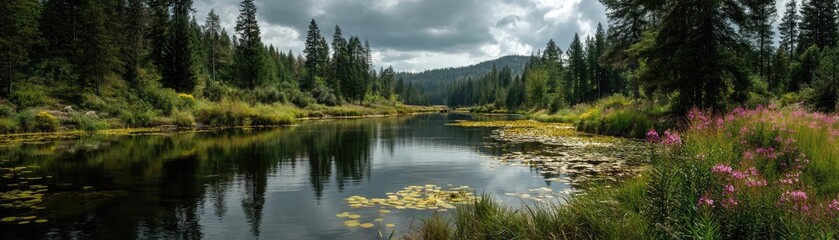 Obraz premium Scenic view of lake in pine forest with summer growth concept. Serene lake surrounded by lush greenery and distant mountains.