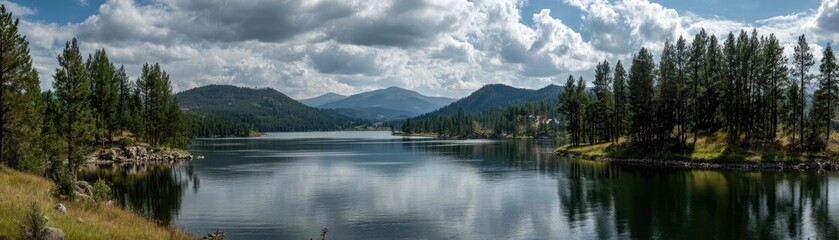Scenic view of lake in pine forest with mountain and park concept. Scenic view of a tranquil lake surrounded by mountains and trees.