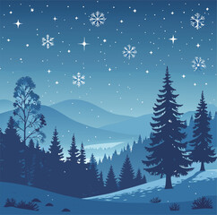 Fototapeta premium Enchanting winter landscape with blue tones and snowflakes under a starry sky.