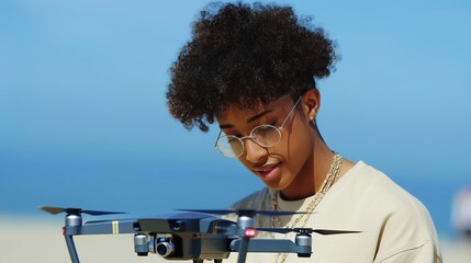 High School Student Operates Drone at Coastal Location in Bright Daylight