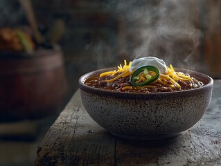 Spicy texmex chili bowl with cheese home kitchen food photography cozy atmosphere close-up warm comfort