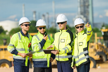 Engineer team project planning outdoor survey team, industry factory construction site. teamwork meeting . cooperation workers