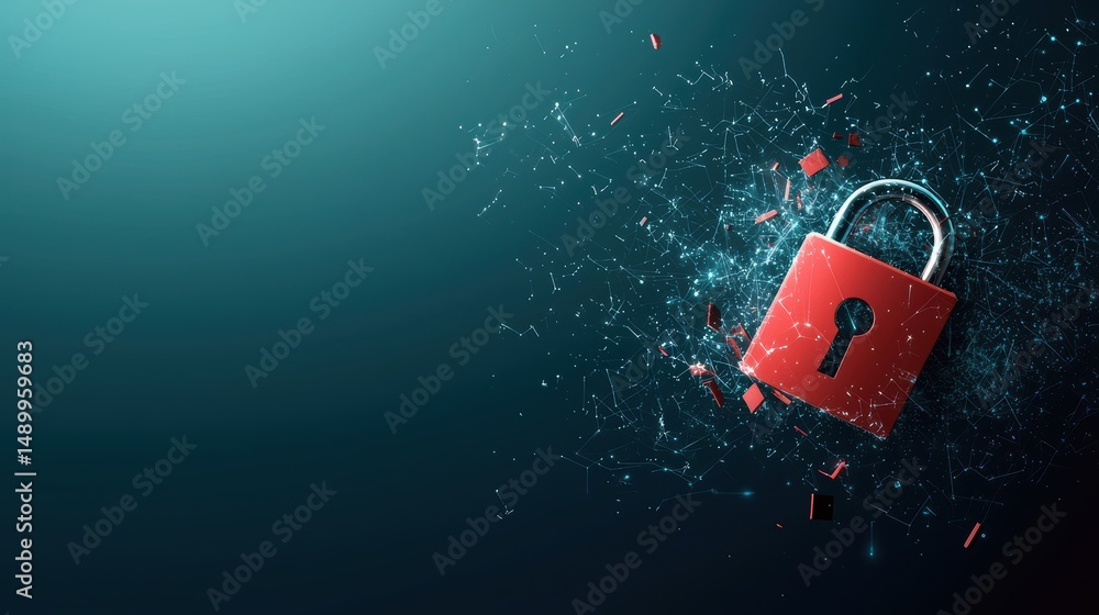 Poster security hacker activity and system breach broken lock icon with warning signs, digital interface ba