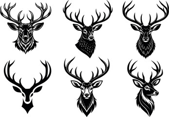 Deer Head Vector Set – Black and White Antlered Stag Illustrations, Silhouette