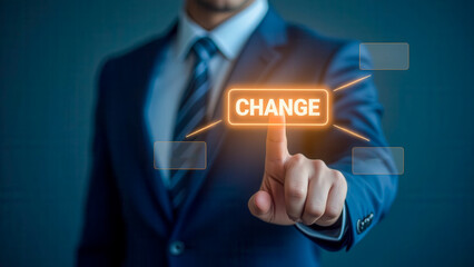 Obraz premium Businessman Touching Touchscreen Interface to Initiate Change in Corporate Strategy