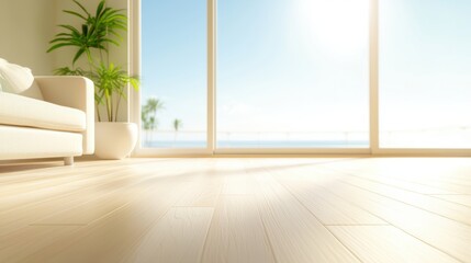 Obraz premium Living room Neutral Color Palette Bright, airy living room with white walls, beige sofa, and light wood floors, minimalist decor, natural light