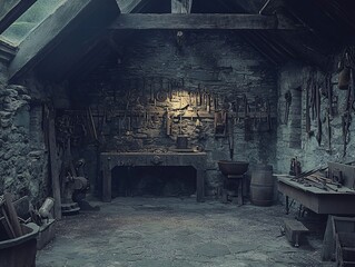 Cinematic blacksmith workshop scene rustic environment old tools and artifacts atmospheric interior