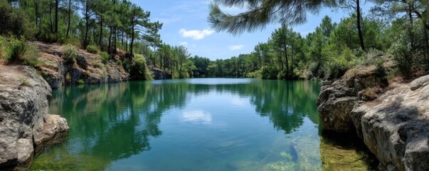Scenic view of lake in pine forest beside nature park concept. Serene lake surrounded by lush green trees and clear blue sky.