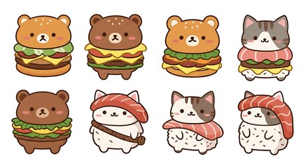 Cute animals dressed in food cartoon illustration
