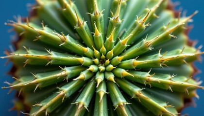 Obraz premium Close-Up View of Green Spiky Cactus with Sharp Thorns on Blue Background in Natural Light