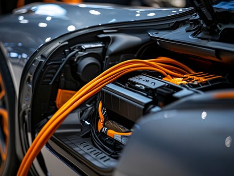 Electric vehicle motor close-up automotive workshop technical photography industrial setting detailed perspective innovation insights