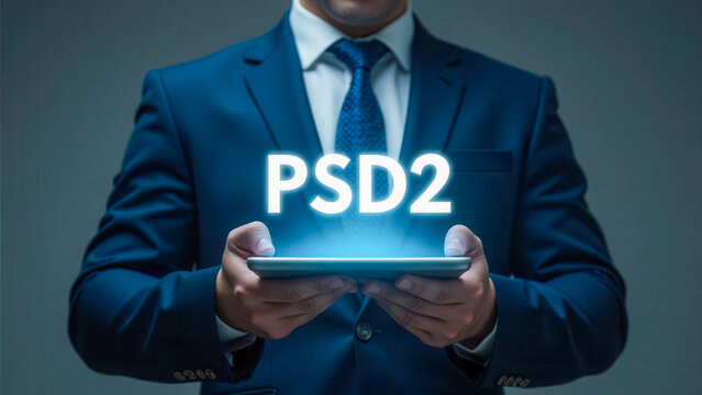 Businessman in Suit Holding Tablet with Digital Display of PSD2 Technology Concept