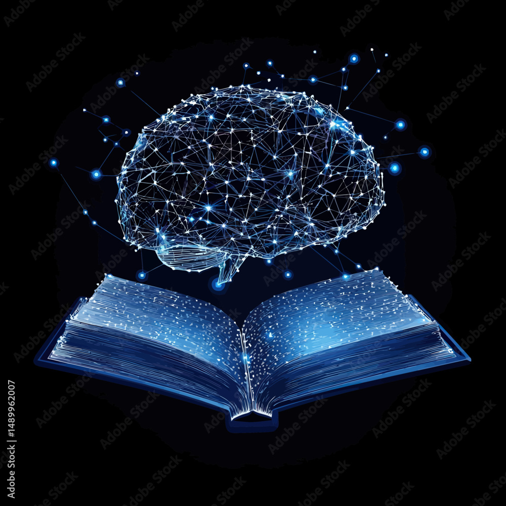 Poster digital network human brain emerging from glowing open book with interconnected blue dots and polygo