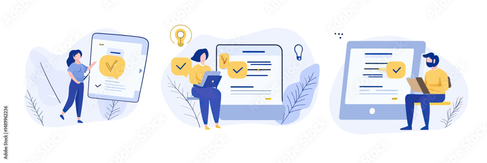 Poster customer support feedback and helpdesk assistance concept with diverse people using digital devices 