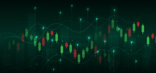 Stock market candlesticks glowing light effedct on dark green background. Business investment concept. © Pramote